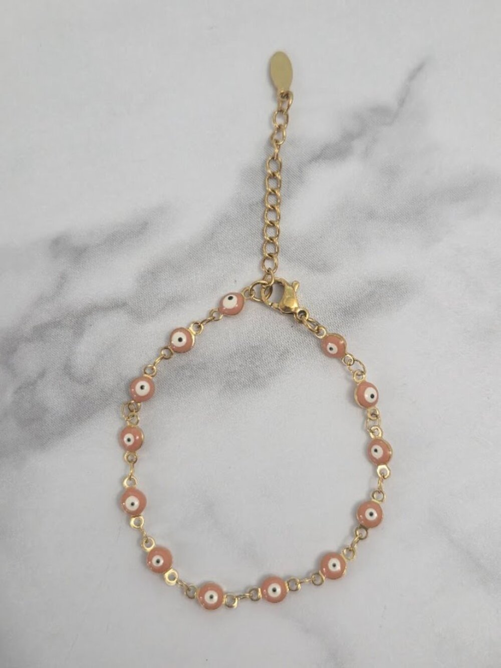 Gold Plated Evil Eye Enamel Chain Link Bracelet Pink Peach - Picture 3 of 11